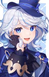 Rule 34 | 1girl, absurdres, ahoge, ascot, black ascot, black gloves, blue eyes, blue hair, blue hat, blue jacket, chabi009, furina (genshin impact), genshin impact, gloves, hair between eyes, hat, highres, jacket, long hair, long sleeves, looking at viewer, multicolored hair, open mouth, smile, solo, top hat, upper body, white hair