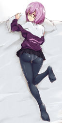Rule 34 | 10s, 1girl, ass, black-framed eyewear, black pantyhose, black skirt, closed mouth, feet, fengya, from above, from behind, full body, glasses, gridman universe, highres, looking at viewer, looking back, no shoes, panties, panties under pantyhose, pantyhose, pillow, pink hair, red eyes, semi-rimless eyewear, shinjou akane, shirt, short hair, skirt, solo, ssss.gridman, under-rim eyewear, underwear, white shirt