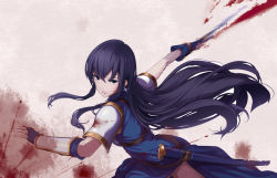 Rule 34 | 1girl, amage kanade, armor, attack, ayra (fire emblem), black hair, bleeding, blood, blood on face, blood stain, blood on clothes, bloody weapon, blue dress, blue gloves, cowboy shot, cuts, dress, earrings, fingerless gloves, fire emblem, fire emblem: genealogy of the holy war, gauntlets, gloves, holding, holding sword, holding weapon, incoming attack, injury, jewelry, long hair, looking at viewer, motion blur, nintendo, pauldrons, serious, sheath, shoulder armor, simple background, solo, sword, very long hair, weapon