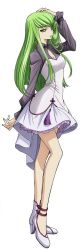 Rule 34 | 1girl, arm up, bare legs, breasts, c.c., chiba yuriko, cleavage cutout, clothing cutout, code geass, contrapposto, dress, green hair, grey dress, hand on own head, high heels, layered dress, light smile, long hair, looking at viewer, medium breasts, official art, simple background, watermark, white background, yellow eyes
