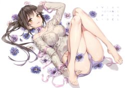 Rule 34 | 1girl, absurdres, anmi, aran sweater, bare legs, barefoot, blush, breasts, brown eyes, brown hair, brown sweater, brown theme, cable knit, cameltoe, choker, feet, flower, full body, hand on own thigh, hand on thigh, highres, hip focus, large breasts, legs, long hair, looking at viewer, lying, nail polish, off shoulder, on back, original, parted lips, petals, pink ribbon, ponytail, purple flower, purple nails, purple shorts, ribbon, scan, short shorts, shorts, simple background, sleeves past wrists, smile, solo, sweater, thighs, toenail polish, toenails, toes, white background