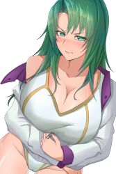 1girl absurdres blush breasts cameltoe cecilia_(fire_emblem) cleavage closed_mouth collarbone competition_swimsuit embarrassed fire_emblem fire_emblem:_the_binding_blade green_eyes green_hair groin hana-ko_(kahun9893) highres huge_breasts jacket lips long_sleeves nintendo one-piece_swimsuit parted_bangs pussy_juice simple_background solo sweat swimsuit white_jacket white_one-piece_swimsuit zipper zipper_pull_tab