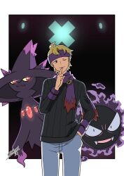 Rule 34 | 1boy, 99akt1031, ;), absurdres, black sweater, blonde hair, closed mouth, creatures (company), game freak, gastly, gen 1 pokemon, gen 4 pokemon, hand in pocket, hand up, headband, highres, index finger raised, long sleeves, male focus, mismagius, morty (pokemon), nintendo, one eye closed, pants, pokemon, pokemon (creature), pokemon hgss, purple headband, purple scarf, ribbed sweater, scarf, short hair, smile, sweater
