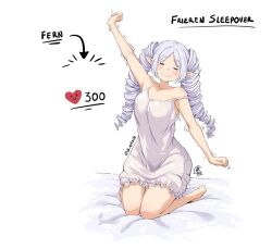 Rule 34 | 1girl, barefoot, bed, breasts, closed eyes, drill hair, elf, frieren, heart, jk arts, kneeling, lingerie, long hair, medium breasts, meme, negligee, nightgown, pointy ears, signature, sleepy, sousou no frieren, strap slip, stretching, twin drills, twintails, twitter strip game (meme), twitter username, underwear, white hair, white negligee