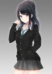 Rule 34 | 1girl, absurdres, arm up, black eyes, black hair, black jacket, collar, collarbone, collared shirt, cosplay, gradient background, green necktie, grey skirt, hand in own hair, hand in pocket, highres, idolmaster, idolmaster cinderella girls, idolmaster shiny colors, jacket, jewelry, kazano hiori, light blush, long hair, long sleeves, looking at viewer, miyar2d2, mole, mole under mouth, necklace, necktie, pleated skirt, school uniform, shibuya rin, shirt, sidelocks, simple background, skirt, solo, striped necktie, striped neckwear, white collar