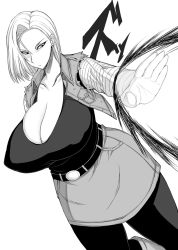 Rule 34 | 1girl, alternate breast size, android 18, boots, breasts, cleavage, dragon ball, dragonball z, earrings, energy beam, greyscale, highres, huge breasts, jewelry, knee boots, monochrome, otogi tetsurou, pantyhose, short hair, skirt, solo, tsurime, vest