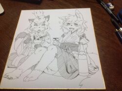 Rule 34 | 2girls, animal ear fluff, animal ears, animal feet, animal nose, arm at side, barefoot, blush, body fur, bottle, cherry, choko (cup), constricted pupils, cup, dessert, detached sleeves, drunk, eraser, facial mark, fang, feet, female focus, flat chest, food, fox ears, fox girl, fox tail, fruit, full body, furry, furry female, hakama, hakama skirt, half-closed eyes, hand up, hands up, happy, holding, holding cup, holding spoon, ice cream, indian style, japanese clothes, kame (3t), kimono, knees up, long sleeves, looking at another, looking at viewer, looking to the side, marker, miko, multiple girls, obi, open mouth, original, pawpads, pen, photo (medium), pocky, raccoon ears, raccoon girl, raccoon tail, rin-chan (kame (3t)), sake bottle, sash, short hair, sitting, skirt, sleeveless, sleeveless kimono, smile, spoon, sundae, sweat, swept bangs, tail, thick eyebrows, topknot, traditional media, wafer stick, whisker markings, wide sleeves, yhun-chan (kame (3t))