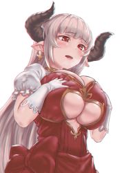 Rule 34 | 10s, 1girl, alicia (granblue fantasy), bad hands, blunt bangs, blush, bow, breasts, breasts squeezed together, center opening, chromatic aberration, cleavage, clothing cutout, cross, cross earrings, draph, dress, earrings, elbow gloves, frilled sleeves, frills, from below, gloves, granblue fantasy, heart, heart-shaped pupils, heart cutout, horns, jewelry, large breasts, long hair, looking down, mature female, open mouth, pointy ears, puffy short sleeves, puffy sleeves, raised eyebrows, red bow, red dress, red eyes, short sleeves, silver hair, simple background, smile, solo, straight hair, symbol-shaped pupils, tomiokasena, underboob, underboob cutout, upper body, very long hair, white background, white gloves