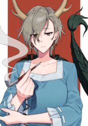 Rule 34 | 1girl, absurdres, blank stare, blue dress, border, commission, dragon girl, dragon horns, dragon tail, dress, earrings, frilled sleeves, frills, grey hair, hair over one eye, highres, himadera, holding, holding smoking pipe, horns, jewelry, jitome, kicchou yachie, long sleeves, looking at viewer, red background, red eyes, ribbon-trimmed sleeves, ribbon trim, short hair, skeb commission, smoke, smoking pipe, solo, square neckline, tail, tassel, tassel earrings, touhou, upper body, white border