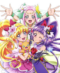 Rule 34 | 3girls, :d, ;), absurdres, arms up, asahina mirai, black gloves, blonde hair, bow, collarbone, cure felice, cure magical, cure miracle, earrings, elbow gloves, floating hair, flower, gloves, grey eyes, ha-chan (mahou girls precure!), hair bow, hair flower, hair ornament, hairband, hanami kotoha, hat, highres, holding, holding hands, interlocked fingers, izayoi liko, jewelry, long hair, looking up, magical girl, mahou girls precure!, mofurun (mahou girls precure!), multiple girls, one eye closed, open mouth, pink hair, pink hairband, precure, purple hair, purple hat, red bow, ring, see-through, shiny skin, short sleeves, simple background, sleeveless, smile, star (symbol), star in eye, symbol in eye, white background, white flower, white gloves