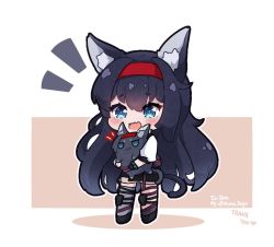 Rule 34 | 1girl, :d, animal, animal ears, animalization, arknights, black footwear, black hair, black skirt, blaze (arknights), blue eyes, blush, brown background, cat ears, cat girl, cat tail, chibi, commentary, commission, dual persona, english commentary, fang, hair between eyes, hairband, heart, kurotofu, long hair, looking at viewer, notice lines, open mouth, red hairband, shoes, single thighhigh, skirt, smile, tail, thank you, thighhighs, twitter username, two-tone background, very long hair, white background