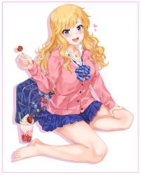 Rule 34 | 1girl, bag, bare legs, barefoot, blonde hair, blue bag, blue bow, blue bowtie, blue eyes, blue skirt, blush, bow, bowtie, breasts, candy, cardigan, cleavage, collarbone, collared shirt, commentary, diagonal-striped bow, diagonal-striped bowtie, diagonal-striped clothes, diagonal-striped neckwear, food, heart, highres, idolmaster, idolmaster cinderella girls, idolmaster cinderella girls starlight stage, jewelry, large breasts, lollipop, long hair, long sleeves, looking at viewer, miniskirt, nail polish, necklace, ohtsuki yui, open mouth, pink cardigan, pleated skirt, ponytail, shirt, sirurabbit, sitting, skirt, smile, solo, striped bow, striped bowtie, striped clothes, striped neckwear, teeth, thighs, upper teeth only, wavy hair, white shirt