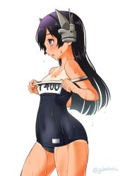 Rule 34 | 1girl, bare shoulders, black hair, clothes pull, cowboy shot, headgear, highres, i-400 (kancolle), kantai collection, long hair, name tag, one-piece swimsuit, one-piece swimsuit pull, one-piece tan, profile, purple eyes, school swimsuit, simple background, sogabe toshinori, solo, standing, swimsuit, tan, tanline, twitter username, wet, wet clothes, wet swimsuit, white background