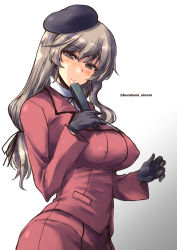 Rule 34 | 10s, 1girl, beret, black gloves, blush, breasts, brown eyes, character request, covered erect nipples, hand fan, girls und panzer, gloves, grey hair, hat, large breasts, long hair, looking at viewer, shimada chiyo, shinshin, simple background, smile, solo, standing, twitter username, white background