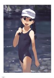 Rule 34 | 1girl, absurdres, black eyes, black one-piece swimsuit, braid, child, flat chest, grey theme, hat, highres, muted color, one-piece swimsuit, school swimsuit, short hair, smile, solo, swimsuit, takamichi, twin braids, water