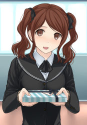 Rule 34 | 1girl, 3u, amagami, bad id, bad pixiv id, brown eyes, brown hair, gift, hair ribbon, incoming gift, looking at viewer, nakata sae, open mouth, ribbon, school uniform, solo, twintails, upper body, valentine
