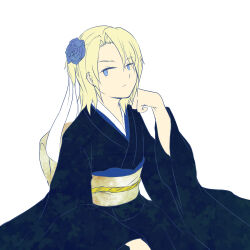 Rule 34 | 1boy, aonuma kiriha, blonde hair, blue eyes, digimon, flower, japanese clothes, kimono, male focus, solo