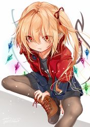 Rule 34 | 1girl, alternate costume, bad id, bad twitter id, black pantyhose, black sweater, blonde hair, brown footwear, closed mouth, dated, diamond-shaped pupils, diamond (shape), ear piercing, flandre scarlet, frown, gotou (nekocat), hair between eyes, hair ribbon, highres, jacket, leaning forward, long hair, long sleeves, looking at viewer, nail polish, one side up, pantyhose, piercing, pointy ears, red eyes, red jacket, red nails, red ribbon, ribbon, shoes, short shorts, shorts, sitting, solo, sweater, symbol-shaped pupils, touhou, wings
