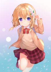Rule 34 | 1girl, blazer, bow, braid, brown hair, brown jacket, closed mouth, collared shirt, commentary request, flower, gochuumon wa usagi desu ka?, hair between eyes, hair flower, hair ornament, hand up, highres, hoto cocoa, jacket, kneehighs, loafers, long hair, long sleeves, looking at viewer, open clothes, open jacket, pink flower, plaid, plaid skirt, pleated skirt, purple eyes, red bow, red footwear, red skirt, school uniform, shiraki shiori, shirt, shoes, skirt, smile, socks, solo, standing, standing on one leg, sweater vest, twin braids, white shirt, white socks
