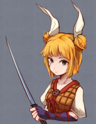 Rule 34 | 1girl, armor, black eyes, blonde hair, breasts, brown vest, closed mouth, commentary request, cracked skin, double bun, expressionless, grey background, hair bun, hair ribbon, haniwa (statue), highres, holding, holding sword, holding weapon, japanese armor, joutouguu mayumi, looking at viewer, ribbon, shirt, short hair, simple background, small breasts, solo, sword, touhou, upper body, vest, weapon, white ribbon, white shirt, yan pai