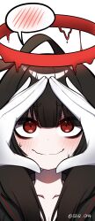 Rule 34 | 1girl, absurdres, bags under eyes, black hair, black sailor collar, black serafuku, black shirt, black skirt, black wings, blue archive, closed mouth, constricted pupils, halo, highres, korean commentary, looking at viewer, meme, o2h2 oh4, pov, pov hands, red eyes, sailor collar, school uniform, serafuku, shirt, skirt, smile, snoot challenge, solo focus, spoken blush, sweat, tsurugi (blue archive), twitter username, wavy mouth, wings