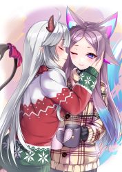 Rule 34 | 2girls, animal ears, blue hair, blush, christmas sweater, closed eyes, commentary, commission, cup, demon horns, demon tail, dyarikku (vtuber), english commentary, gradient hair, highres, holding, holding cup, horns, indie virtual youtuber, looking at another, mug, multicolored hair, multiple girls, one eye closed, purple eyes, purple hair, second-party source, smile, tail, vei (vtuber), virtual youtuber, yuri, yuu sagi