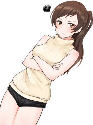 Rule 34 | 1girl, alternate hairstyle, angry, black shorts, blush, breast press, breasts, brown eyes, brown hair, commentary request, crossed arms, denim, denim shorts, dutch angle, highres, idolmaster, idolmaster million live!, kitazawa shiho, long hair, looking at viewer, medium breasts, minakamirin, ponytail, short shorts, shorts, sleeveless, sleeveless sweater, solo, squiggle, sweat, sweater, thighs, translation request, turtleneck, turtleneck sweater, white background, yellow sweater