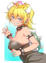 Rule 34 | 1girl, armlet, black choker, black dress, blonde hair, blue eyes, bowsette, bracelet, breasts, choker, claw pose, crown, dress, duke (inu daimyou), earrings, from side, grin, horns, jewelry, large breasts, looking at viewer, mario (series), nail polish, new super mario bros. u deluxe, nintendo, pointy ears, ponytail, slit pupils, smile, solo, spiked armlet, spiked bracelet, spiked choker, spiked shell, spikes, strapless, strapless dress, super crown, turtle shell, upper body, white nails