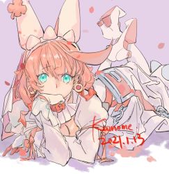 Rule 34 | 1girl, ahoge, amatuki, animal ears, artist name, belt, belt buckle, blue eyes, boots, breasts, bridal veil, buckle, cleavage, dated, dress, earrings, elphelt valentine, fake animal ears, grey background, guilty gear, guilty gear xrd, hand on own face, high heels, highres, jewelry, large breasts, looking at viewer, lying, medium hair, on stomach, pink hair, rabbit ears, simple background, solo, veil, wedding dress