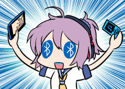 Rule 34 | 10s, 1girl, annotated, aoba (kancolle), arms up, blew andwhite, blue eyes, bluetooth, cellphone, commentary request, digital media player, headphones, kantai collection, mutsu (kancolle), mutsu (snail), phone, pun, smartphone, symbol-shaped pupils, teeth, too literal