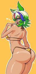 animal_ear_fluff animal_ears arched_back ass bikini bikini_tan blue_eyes blue_hair breasts cowboy_shot doce fang fox_ears freckles from_behind glasses green_hair heart highres indie_virtual_youtuber looking_at_viewer looking_back mizutayio_(vtuber) multicolored_hair open_mouth outline red_hair simple_background star-shaped_pupils star_(symbol) string_bikini swimsuit symbol-shaped_pupils tan tanline thighs virtual_youtuber yellow_background yellow_bikini