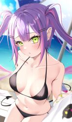 Rule 34 | 1girl, absurdres, bare shoulders, bikini, black bikini, blush, breasts, cleavage, collarbone, colored inner hair, commentary request, demon tail, ear piercing, green eyes, hair ornament, hairclip, halterneck, highres, hololive, long hair, looking at viewer, medium breasts, mogmog megmog, multicolored hair, navel, open mouth, piercing, pink hair, pointy ears, pout, purple hair, side-tie bikini bottom, solo, streaked hair, string bikini, swimsuit, tail, tail ornament, tail piercing, tokoyami towa, twintails, virtual youtuber