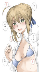 Rule 34 | 1girl, ahoge, artoria pendragon (all), artoria pendragon (fate), bikini, bikini top only, blonde hair, blush, braid, breasts, elf (stroll in the woods), fate/stay night, fate (series), green eyes, hair ribbon, highres, looking at viewer, medium breasts, open mouth, ribbon, saber (fate), short hair, simple background, solo, swimsuit, white background