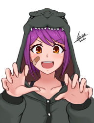 Rule 34 | 1girl, airisubaka, arms up, artist name, bandage on face, bandages, bandaid, bandaid on cheek, bandaid on face, blush, bra strap, brown eyes, collarbone, leah (airisubaka), long sleeves, looking at viewer, open mouth, original, purple hair, short hair, signature, simple background, smile, solo, teeth, upper body, white background