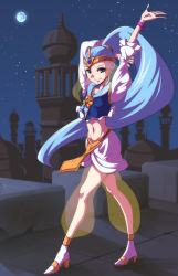 Rule 34 | 10s, 1girl, blue hair, brooch, cure nile, eyelashes, full moon, green eyes, hair ornament, happinesscharge precure!, happy, heart, heart brooch, high heels, highres, jewelry, long hair, looking at viewer, magical girl, midriff, moon, navel, night, ponytail, precure, santanawamuujojo, shirt, skirt, sky, smile, solo, standing, star (sky), star (symbol), starry background, starry sky, very long hair, wrist cuffs, zwei (santanawamuujojo)