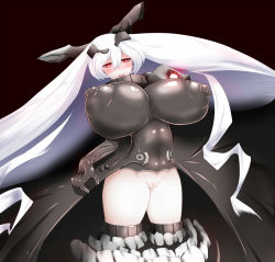 Rule 34 | 10s, 1girl, blush, breasts, character request, female focus, gigantic breasts, huge areolae, huge nipples, kantai collection, long hair, nipples, no panties, puffy nipples, pussy, rahab, red eyes, see-through, smile, uncensored, white hair