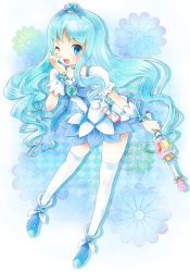 Rule 34 | 10s, 1girl, aqua background, bad id, bad pixiv id, blue eyes, blue hair, blue skirt, blue theme, blush, brooch, cure marine, floral background, flower tact, hair ornament, heart, heart brooch, heartcatch precure!, jewelry, kurumi erika, long hair, magical girl, matching hair/eyes, michii yuuki, one eye closed, open mouth, precure, skirt, solo, thighhighs, white thighhighs, wink