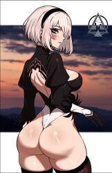 Rule 34 | 1girl, 2b (nier:automata), ass, back, backless outfit, black hairband, blue eyes, blush, boots, clothing cutout, curvy, dizzle, feather-trimmed sleeves, gloves, hairband, highleg, highleg leotard, highres, huge ass, leotard, looking at viewer, nier, nier (series), no blindfold, red lips, shiny skin, short hair, thighhighs, thighhighs under boots, thong leotard, white hair, white leotard, wide hips