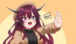 Rule 34 | 1girl, absurdres, beret, black shirt, blue eyes, blush, breasts, brown jacket, fang, gradient hair, hat, heart, heart necklace, heterochromia, highres, hololive, hololive english, horns, irys (hololive), jacket, jan azure, jewelry, long hair, medium breasts, multicolored hair, necklace, open clothes, open jacket, open mouth, orange background, outstretched arm, outstretched hand, pointy ears, purple eyes, red hair, romaji text, shirt, smile, solo, streaked hair, two-tone background, virtual youtuber, yellow background