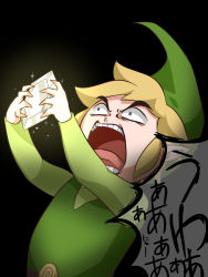 Rule 34 | 1boy, black background, blonde hair, commentary, constricted pupils, hat, holding, link, male focus, nintendo, open mouth, pointy ears, rupee (zelda), short hair, shouting, simple background, solo, speech bubble, the legend of zelda, the legend of zelda: the wind waker, toon link, translated, tunic, wasabi (legemd)
