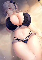Rule 34 | 1girl, absurdres, alicia renato (yashiro sousaku), black bra, black panties, blush, borrowed character, bra, breasts, cleavage, commission, dress, hair ornament, heterochromia, highres, huge breasts, looking at viewer, lying, navel, on back, original, oriti4, panties, pillow, red eyes, second-party source, short hair, smile, solo, thick thighs, thighs, underwear, white hair, yellow eyes