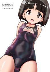 Rule 34 | 1girl, :o, aegis (nerocc), arms behind back, black eyes, black hair, blue one-piece swimsuit, blunt bangs, bob cut, character name, commentary, crotch seam, dated, dutch angle, girls und panzer, gotou moyoko, looking at viewer, looking down, name tag, one-hour drawing challenge, one-piece swimsuit, open mouth, school swimsuit, short hair, solo, standing, swimsuit, twitter username