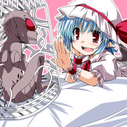 Rule 34 | 1girl, blue hair, blush, bow, cage, head rest, chupacabra, dress, fang, hat, hat bow, hemogurobin a1c, mob cap, open mouth, pink background, puffy sleeves, red eyes, remilia scarlet, short sleeves, sweatdrop, table, tablecloth, teeth, touhou, tupai (touhou), white dress, wrist cuffs