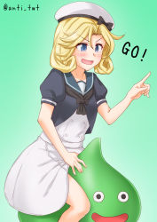 Rule 34 | 1girl, anti (untea9), black neckwear, blonde hair, blue eyes, blue sailor collar, commentary request, dragon quest, dress, gloves, gradient background, green background, hat, highres, janus (kancolle), kantai collection, open mouth, parted bangs, pointing, riding, sailor collar, sailor dress, sailor hat, short hair, short sleeves, slime (dragon quest), twitter username, white dress, white gloves, white headwear