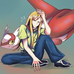 Rule 34 | 1boy, aged up, bad id, bad pixiv id, belt, black footwear, blonde hair, blue pants, bright pupils, closed mouth, collared shirt, commentary request, creatures (company), emerald (pokemon), game freak, gen 3 pokemon, green eyes, green shirt, hand on own head, highres, jewelry, latias, legendary pokemon, long hair, male focus, necklace, nintendo, notice lines, pants, pokemon, pokemon (creature), pokemon adventures, ring, self-upload, shirt, shoes, short sleeves, sidelocks, sitting, socks, sonasan, white legwear
