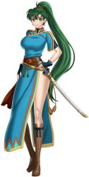 Rule 34 | absurdres, boots, breasts, dress, fire emblem, fire emblem: the blazing blade, full body, gloves, green eyes, green hair, highres, large breasts, long hair, lyn (fire emblem), lyndis (fire emblem), nintendo, pollo1567, ponytail, smile, sword, transparent background, very long hair, weapon
