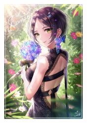 Rule 34 | 1girl, backless outfit, belt, bouquet, brown hair, bug, butterfly, character name, earrings, flower, flower earrings, hair flower, hair ornament, hayami kanade, highres, idolmaster, idolmaster cinderella girls, insect, jewelry, lips, looking at viewer, looking back, mairo, short hair, signature, smile, solo, sunlight, yellow eyes