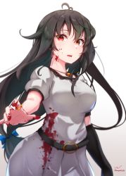 Rule 34 | 1girl, absurdres, baileys (tranquillity650), belt, black belt, black gloves, black hair, blood, blood on face, blood splatter, blood on clothes, blood on hands, breasts, brown eyes, dress, gloves, hair flaps, heterochromia, highres, jewelry, large breasts, original, red eyes, ring, short sleeves, single glove, solo, white dress