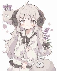 Rule 34 | 1girl, ahoge, alarm clock, black ribbon, blush stickers, clock, closed mouth, coffee mug, colon br, cowboy shot, cup, dress, expressionless, flower, frilled dress, frills, grey eyes, grey hair, hand on own arm, highres, horns, lavender (flower), long bangs, long dress, long hair, long sleeves, looking at viewer, mug, neck ribbon, original, pointy ears, raised eyebrows, ribbon, sheep, sheep girl, sheep horns, sidelocks, simple background, solo, stitches, straight hair, white background, white dress