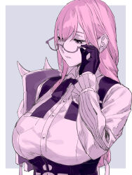 1girl black_gloves black_skirt breasts glasses gloves high-waist_skirt highres large_breasts long_hair long_sleeves pink_hair purple_eyes shirt skirt solo takuan_(takuanlunch) tsukishiro_yanagi white_shirt zenless_zone_zero